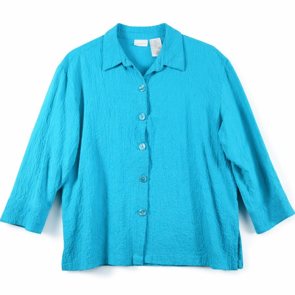 White Stag Women's Turquoise Textured Button-Up Blouse Size 12/14 Casual Top